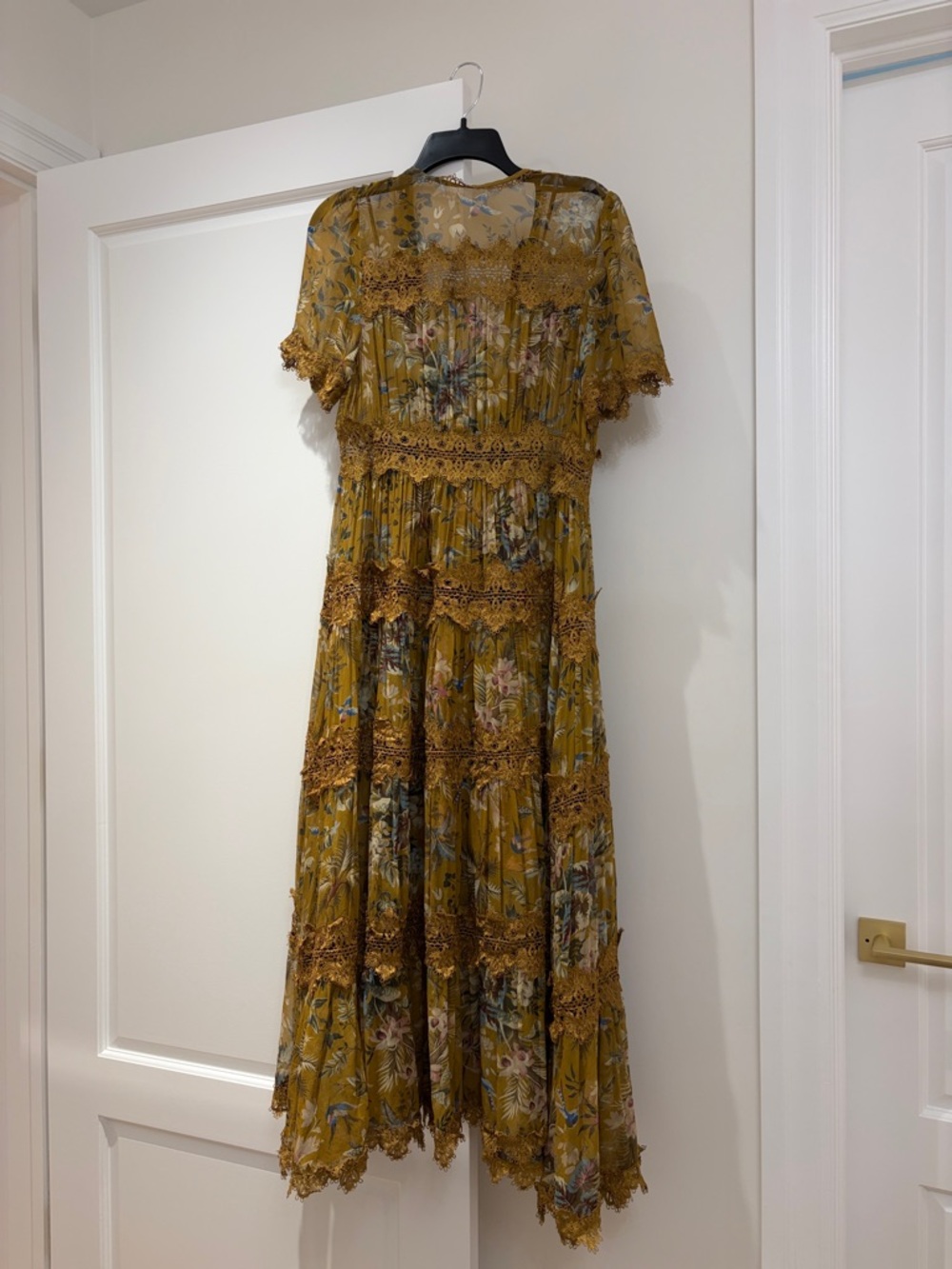Zimmermann Mustard Floral Lace-Trim Midi Dress